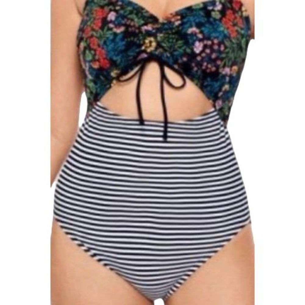 Floral & Stripes Bandeau One Piece Swimsuit 1X